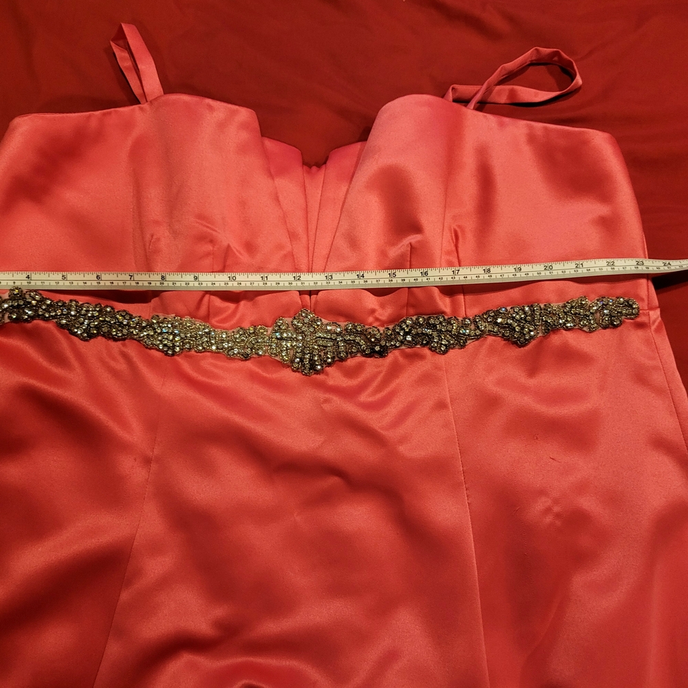 Elegant Coral Satin Dress with Beaded Waist